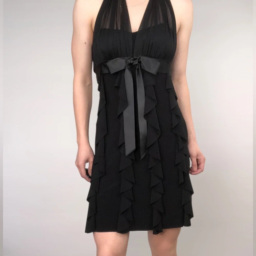 Vintage Y2K Betsy &‎ Adam Halter Ruffle Bow Mini Black Dress Size 6